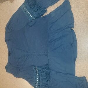 Lucky Brand Blue Frayed V-Neck Long Sleeve Peasant Top 